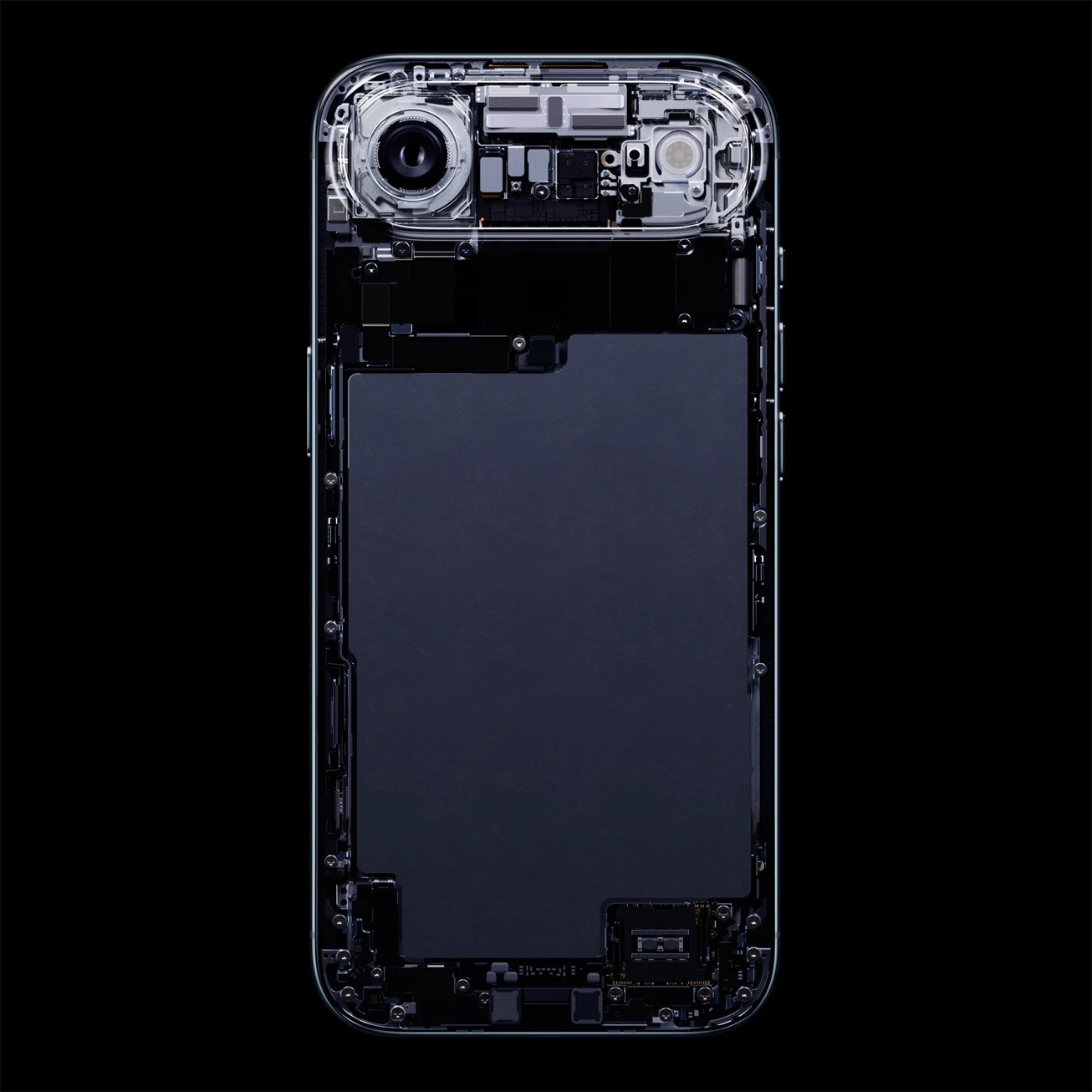 Image of the inside of the iPhone Air. All of the important pieces of the phone are near the top under the camera bump. The rest is just a large battery.