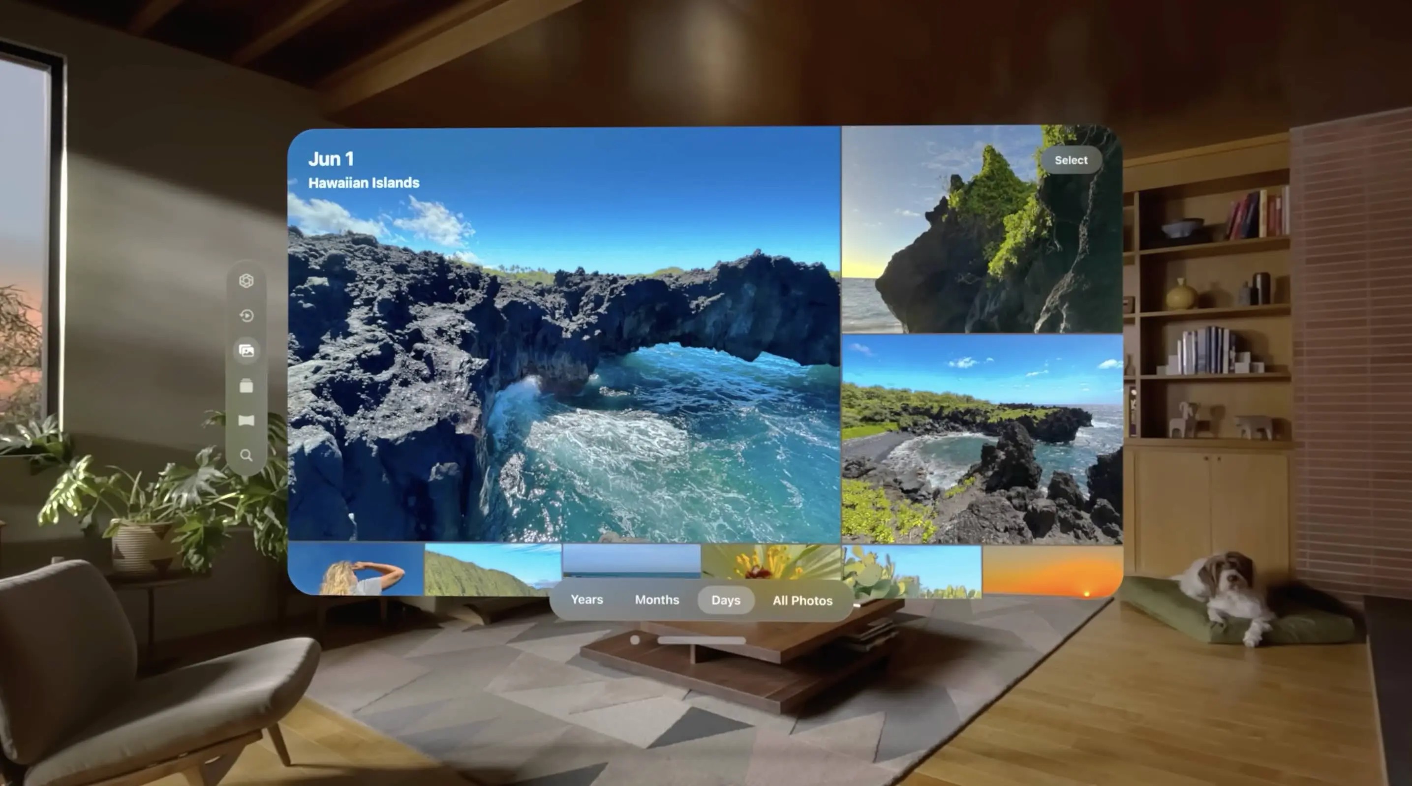 Image showing the visionOS 1 native Photos app, selected to the Days view. The Days view lays out photos in a nicer arrangement than the typical rigid grid used in All Photos, the only remaining view as of late 2024.