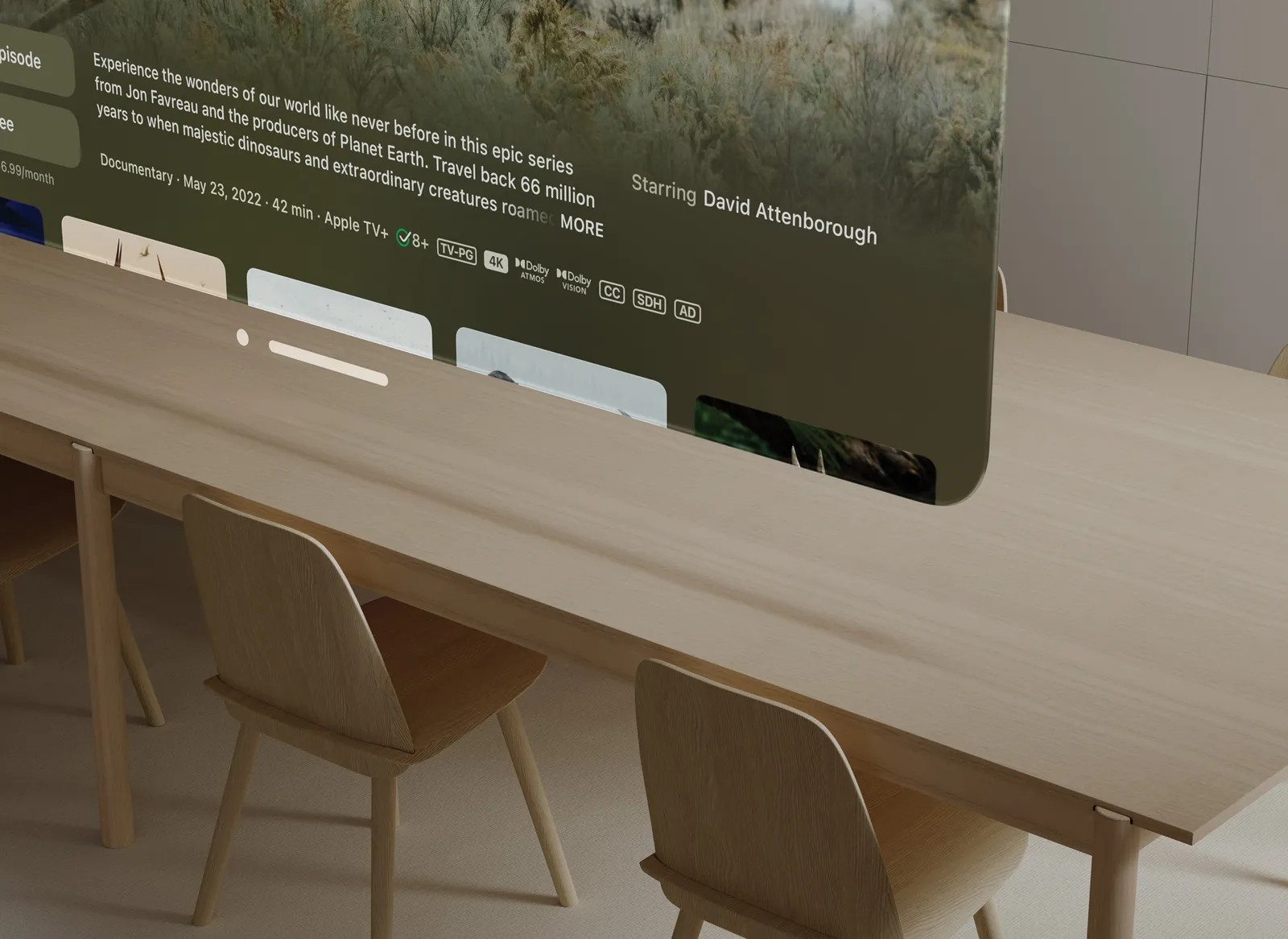 Image of an app in visionOS, floating over a wooden table.